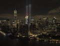 the lights are shining above city skylines at night time: 911 tribute beacons in NYC Royalty Free Stock Photo