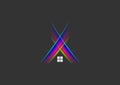 Lights sound logo, house, home, symbol, nightclub, building, construction and music studio rays concept design