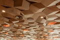 Lights Speakers Ventilation and Fire Sprinklers on Drop Ceiling Wooden Texture Panels