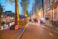 Lights on street and canal in long exposure night scene people