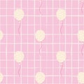 Lightt pastel seamless patten with simple balloons shapes. Birthday elements with dashes on pink chequered background