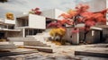 Lightweight concrete building in cubist shape with colorful autumn trees and blue sky in the background.