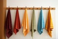 Lightweight Kitchen colorful towels hanging on rack. Generate AI