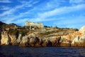 Liguria: the castle of Portovenere on the cliff rockview and Byron cave from the boat in the afternoon Royalty Free Stock Photo