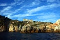 Liguria: the castle of Portovenere on the cliff rockview and Byron cave from the boat in the afternoon Royalty Free Stock Photo