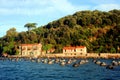 Liguria: floating fishing nets in the sea in front of the coast of Palmaria island with buildings and hill with trees Royalty Free Stock Photo