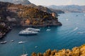 Liguria, Italy, Europe. View from above over beautiful Portofino with colorful houses and villas, in little bay harbor