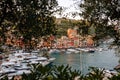 Liguria, Italy, Europe. View from above over beautiful Portofino with colorful houses and villas, in little bay harbor