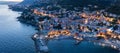 Liguria. Night. City lights. The town of Bogliasco. Italy. Aerial view