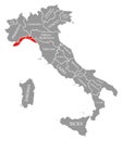 Liguria red highlighted in map of Italy