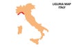 Liguria regions map highlighted on Italy map