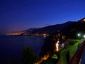Italy, Liguria, Ventimiglia, night photo, long laying, of the coast in the direction of Monte Carlo