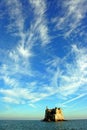 Liguria: View of Ligurian coastline with mountains sea sky boat and clouds Royalty Free Stock Photo