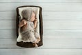 Liitle baby sleep in woolen clothes