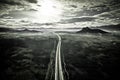 Lika region. A1 highway and Zir hill near Velebit mountain in Lika landscape aerial black and white view