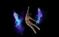 Like angel. Muscular young man, professional ballet dancer in motion, dancing with colorful powder explosion against Royalty Free Stock Photo