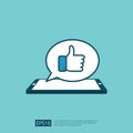 like bubble message symbol on phone screen media. hand thumbs up button logo icon. Social network flat design style banner concept