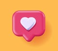 Like button 3d icon with love heart social comment chat bubble vector modern graphic design illustration, speech notice tag red