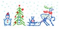 Like child hand drawing christmas set. Snowman, deer, tree, snow cartoon clip art. Royalty Free Stock Photo