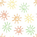 Seamless pattern with crayon funny sun. Set of many cute smile faces chalk or pencil hand drawing.