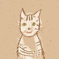 Funny smiling tabby cat on craft paper. Crayon, pastel chalk or pencil artistic stroke. Royalty Free Stock Photo
