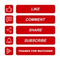 Like, comment, share, subscribe, and thanks for watching icon button illustration. Royalty Free Stock Photo