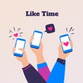 Like concept. Cartoon people hands holding smartphones, social media engage. Vector friends communication and customers