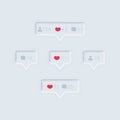 Like counter icon. Notification counter badge. Social media set notifications icons: like, follower, comment. Neumorphism icons. Royalty Free Stock Photo