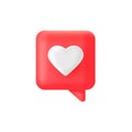 Like 3d icon. Social media speech bubble with heart. Love quote element. Comment button. Online message. Notice people