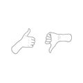 Like and dislike hands, thumbs up and down. Line drawing. Cartoon vector illustration Royalty Free Stock Photo