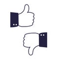 Like and dislike icon. Hands with thumbs up and down on white background
