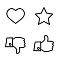 Like, dislike, voting and rating, vector icon set, hand with thumb up and down, star and heart symbol simple flat Royalty Free Stock Photo