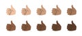 Like emoticon. Thumb up gesture of diverse colors, social communication and approve symbol. Vector cartoon hand sig