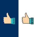 Like, Finger, Gesture, Hand, Thumbs, Up, Yes Icons. Flat and Line Filled Icon Set Vector Blue Background