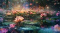 Like fireworks on water a colorful display of flower explosions emanates from the gleaming lotus pond