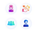 Like, Group and Oculist doctor icons set. Businesswoman person sign. Thumbs up, Group of users, Optometrist. Vector