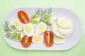 Like Healthy lifestyle concept. A served salad photo from above top view. An overhead photo of vegetable salad with mayonnaise, bo Royalty Free Stock Photo