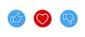 Like, Heart and Dislike vector set icons. Like, dislike and heart button, isolated on white background. Thumb up and thumb down