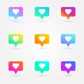 Like and heart icons set. Social network symbol. Counter notification icons. Social media elements. Bright gradients collection. E