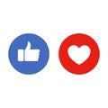 Like and heart icons. Thumbs up and love - social media buttons. Vector.