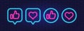 Like and heart. Thumbs up and heart. Neon style image. Vector illustration