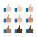 Like icon of different race skin color. Thumbs up