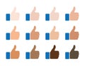 Like icon of different race skin color. Thumbs up