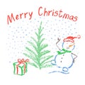 Crayon like child`s drawing merry christmas funny smiling dancing snowman with lettering, falling snowflakes, tree and box gift. Royalty Free Stock Photo