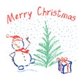 Crayon like child`s drawing merry christmas funny smiling dancing snowman with lettering, falling snowflakes, tree and box gift. Royalty Free Stock Photo