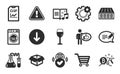 Like, Laundry and Music book icons set. Bitcoin mining, Chemistry lab and Scroll down signs. Vector