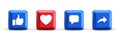 Like love comment share buttons in 3d modern square social media notification icons