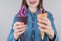 Like love lover ice cream concept. Cropped close up photo of positive cheerful excited girl in jeans denim shirt holding two yummy Royalty Free Stock Photo