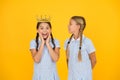 Like never before. small egoist girls imagine they are princess. success reward. happy childhood frienship. prom queen Royalty Free Stock Photo