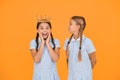 Like never before. small egoist girls imagine they are princess. success reward. happy childhood frienship. prom queen Royalty Free Stock Photo